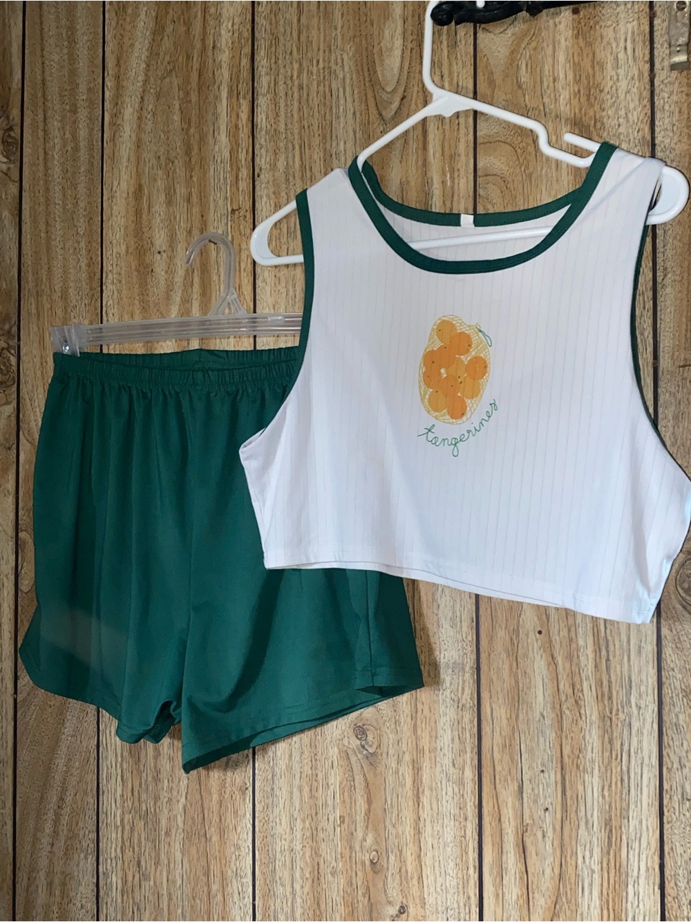 White Crop Tank with Tangerine Graphic + Dark Green Shorts Set